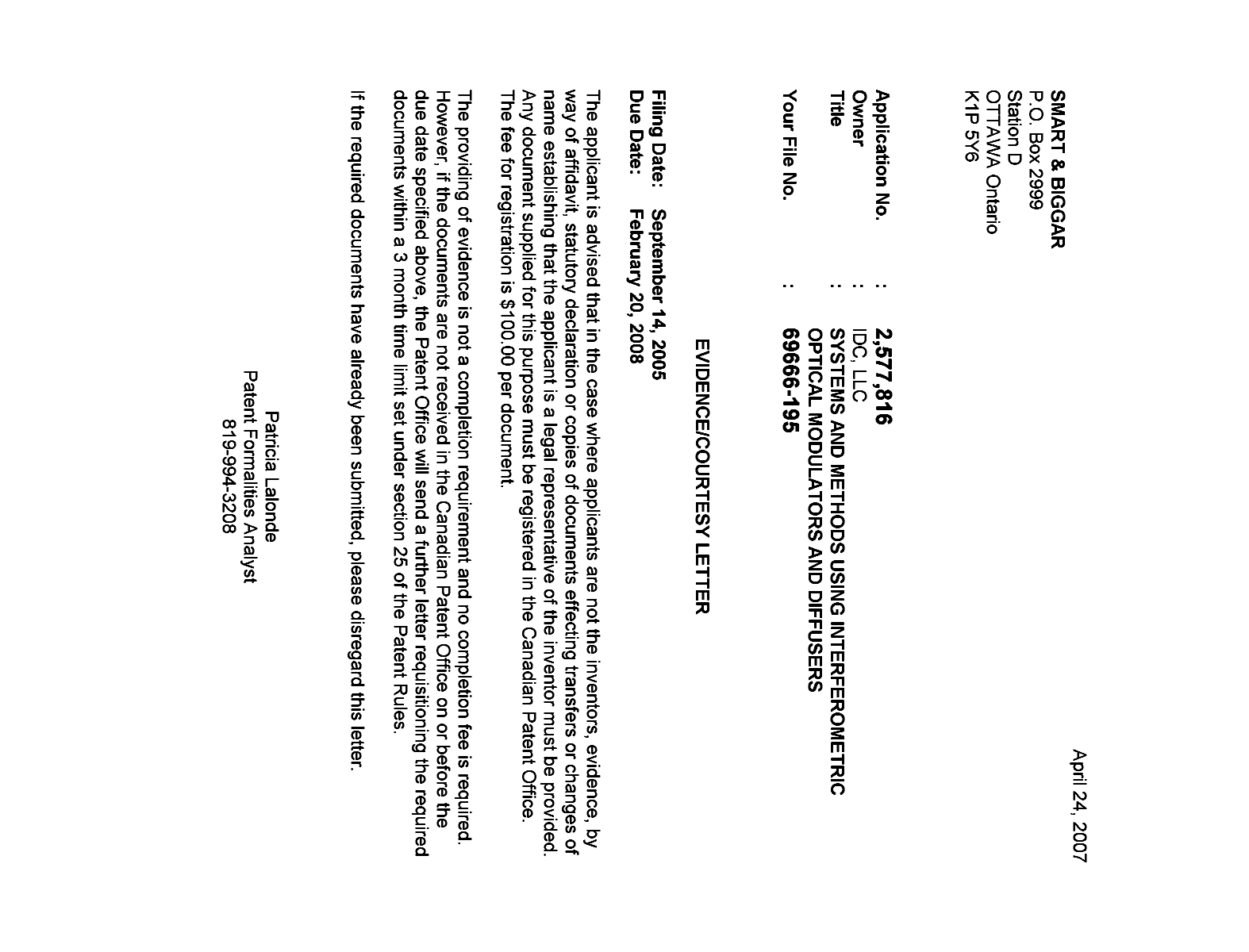 Canadian Patent Document 2577816. Correspondence 20061219. Image 1 of 1