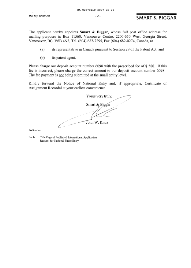 Document de brevet canadien 2578110. Cession 20070226. Image 2 de 4