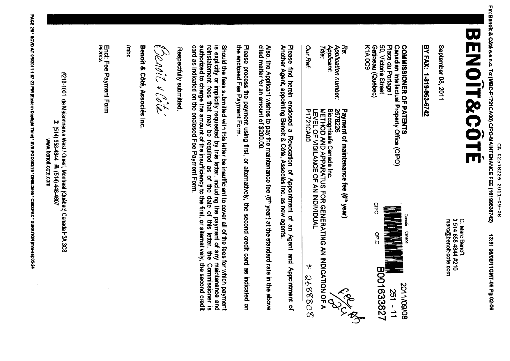 Canadian Patent Document 2578226. Fees 20110908. Image 1 of 1