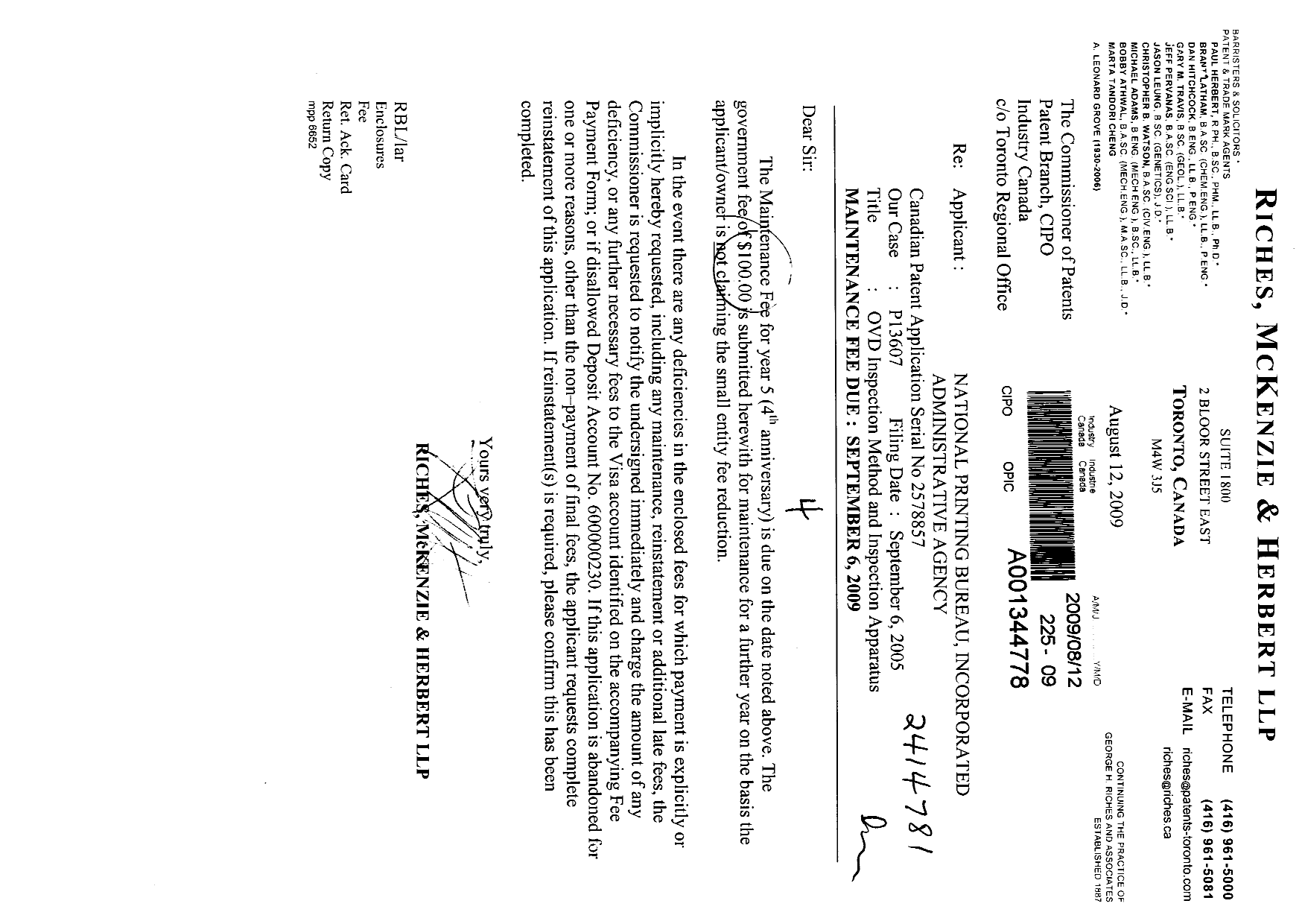 Canadian Patent Document 2578857. Fees 20090812. Image 1 of 1