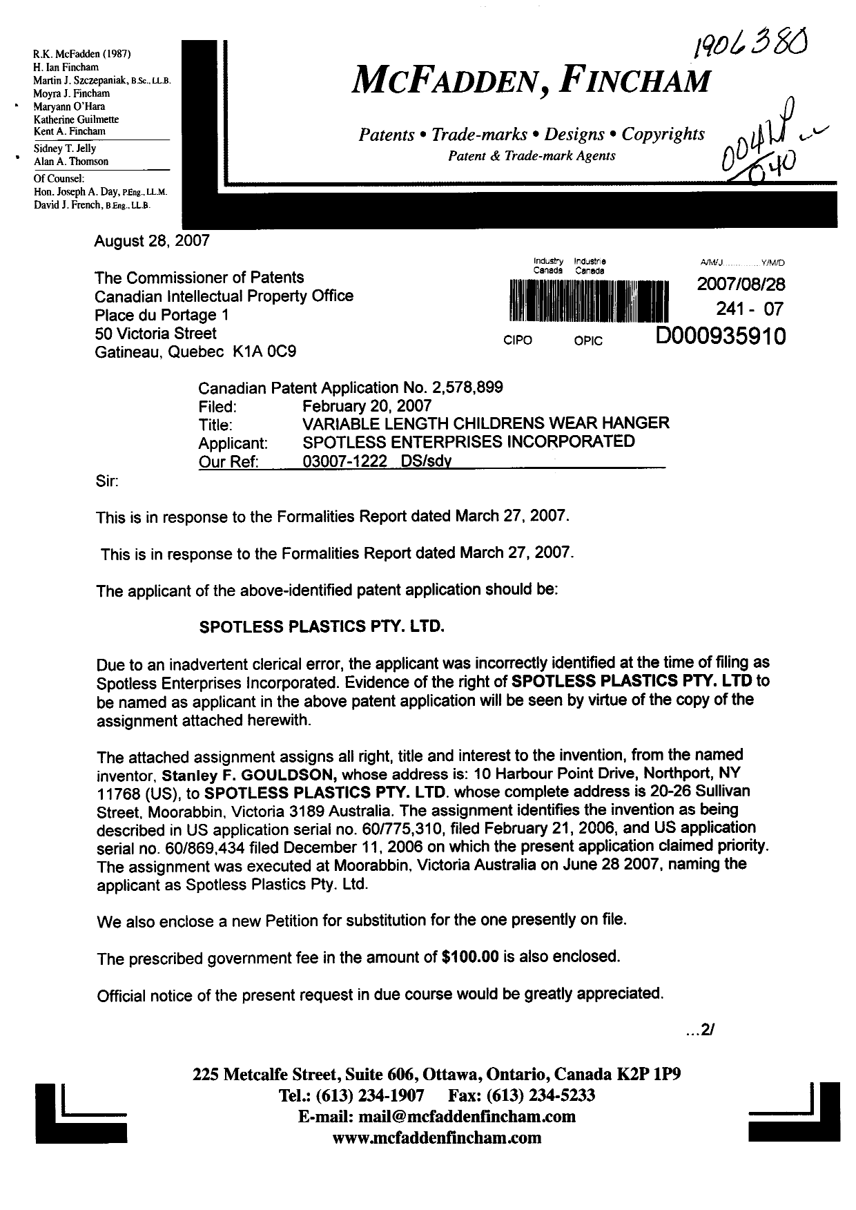 Document de brevet canadien 2578899. Cession 20070828. Image 1 de 3