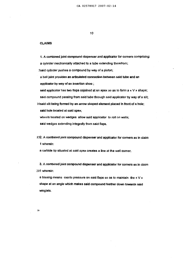 Document de brevet canadien 2578917. Revendications 20070214. Image 1 de 2