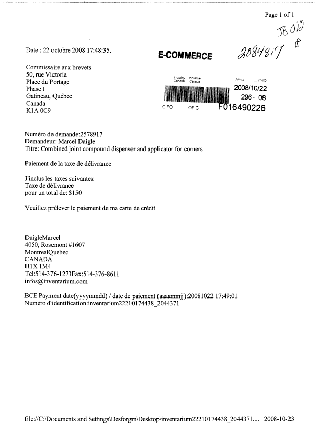 Document de brevet canadien 2578917. Correspondance 20081022. Image 1 de 1