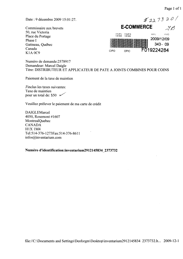 Document de brevet canadien 2578917. Taxes 20091209. Image 1 de 1