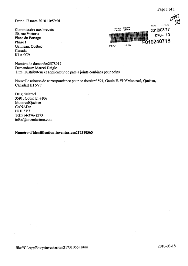 Document de brevet canadien 2578917. Correspondance 20100317. Image 1 de 1