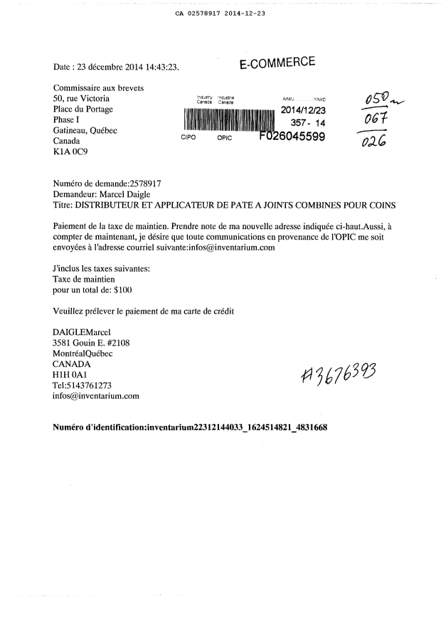 Document de brevet canadien 2578917. Correspondance 20141223. Image 1 de 1
