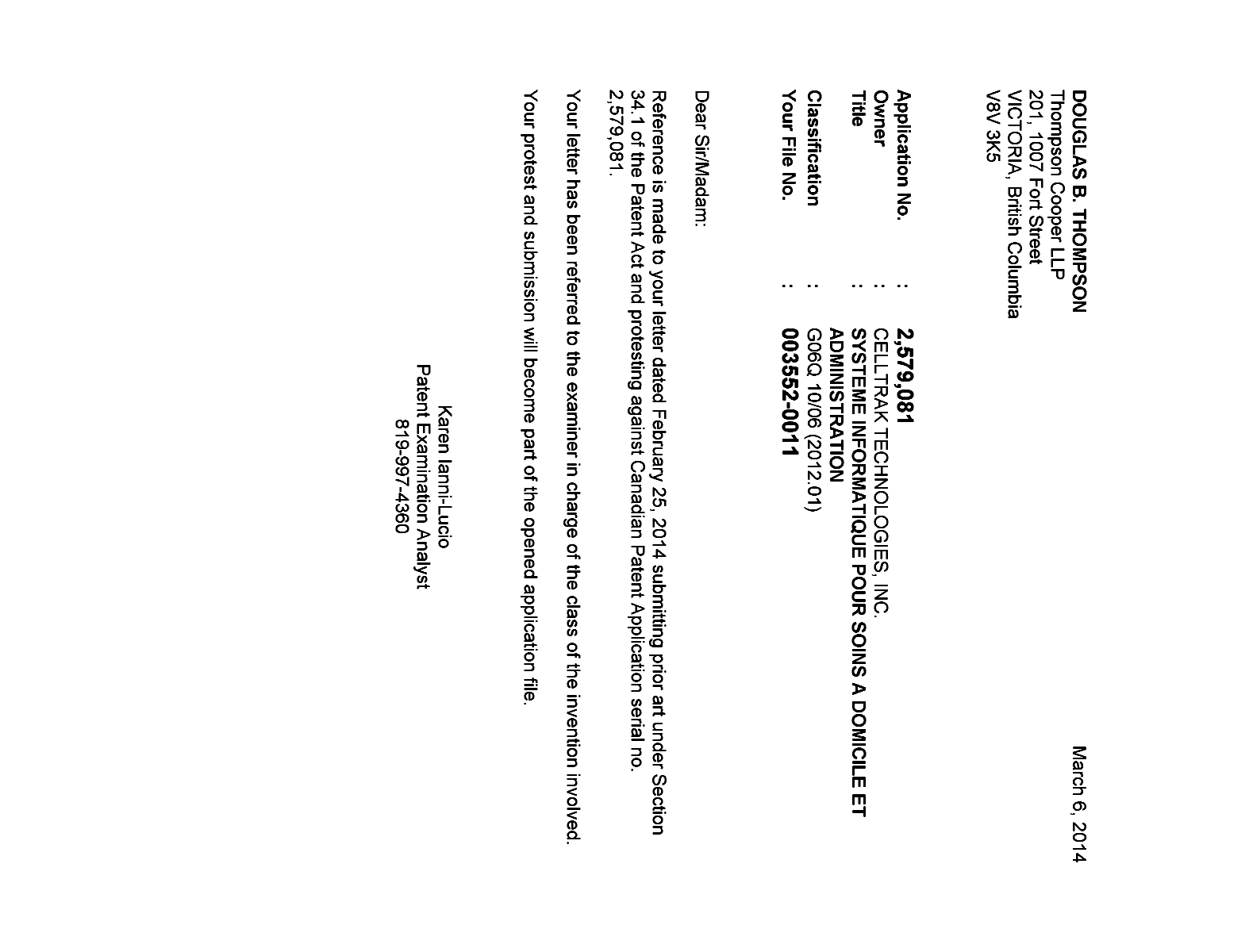 Canadian Patent Document 2579081. Prosecution-Amendment 20140306. Image 1 of 1