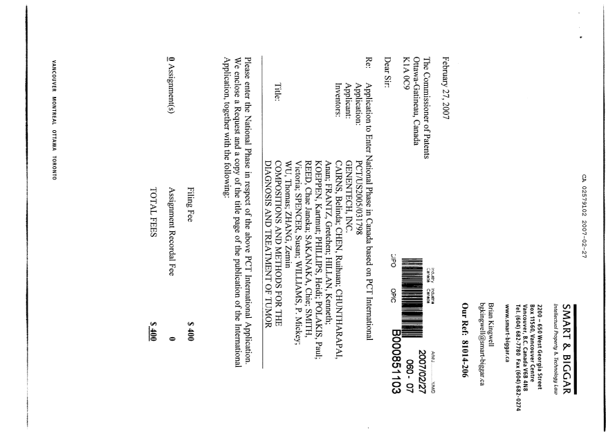 Document de brevet canadien 2579102. Cession 20070227. Image 1 de 5
