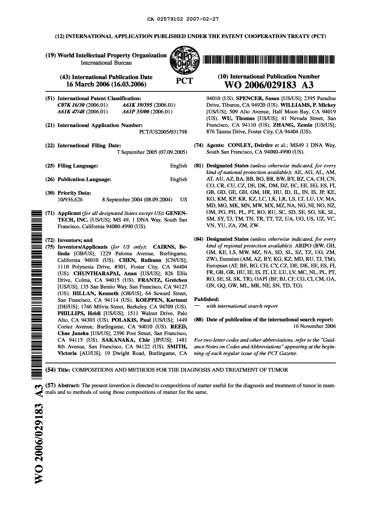 Document de brevet canadien 2579102. Abrégé 20070227. Image 1 de 1