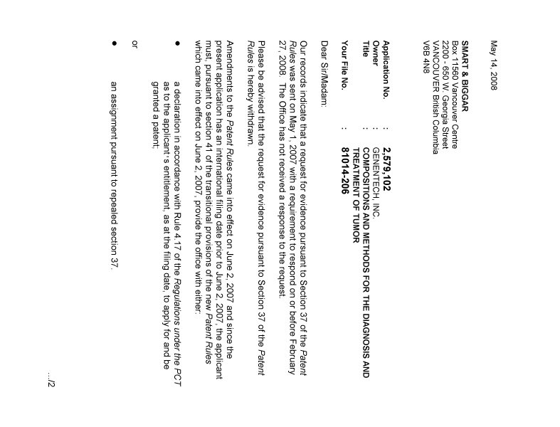 Document de brevet canadien 2579102. Correspondance 20080514. Image 1 de 2