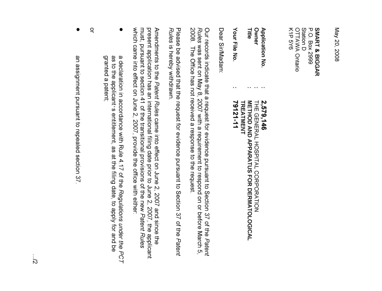 Canadian Patent Document 2579146. Correspondence 20080520. Image 1 of 2