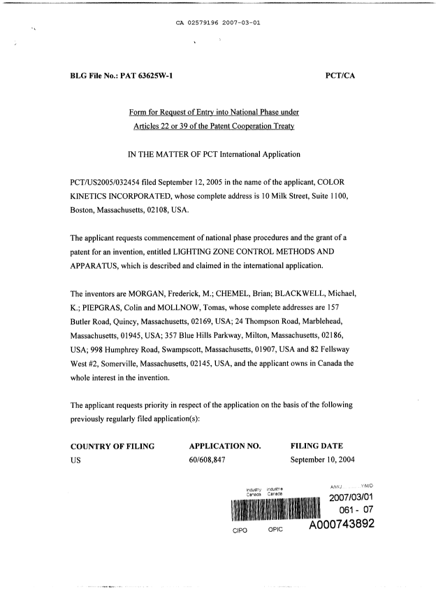 Document de brevet canadien 2579196. Cession 20070301. Image 2 de 3