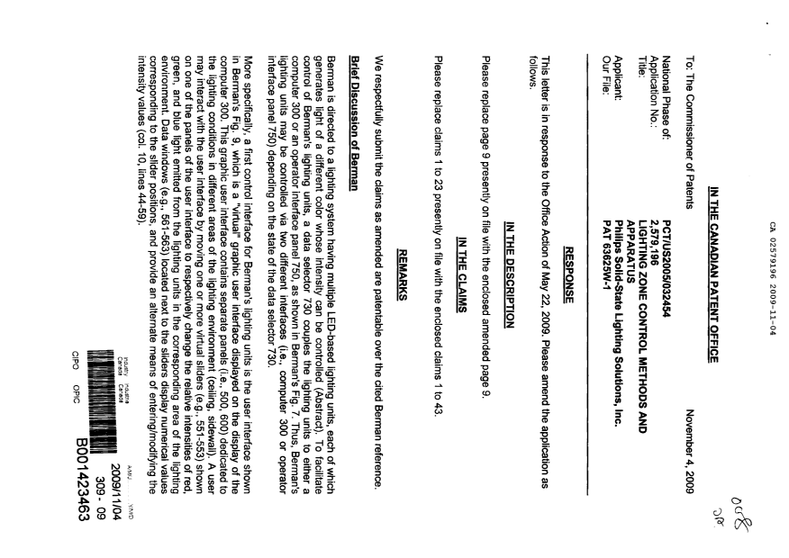 Document de brevet canadien 2579196. Poursuite-Amendment 20091104. Image 1 de 15
