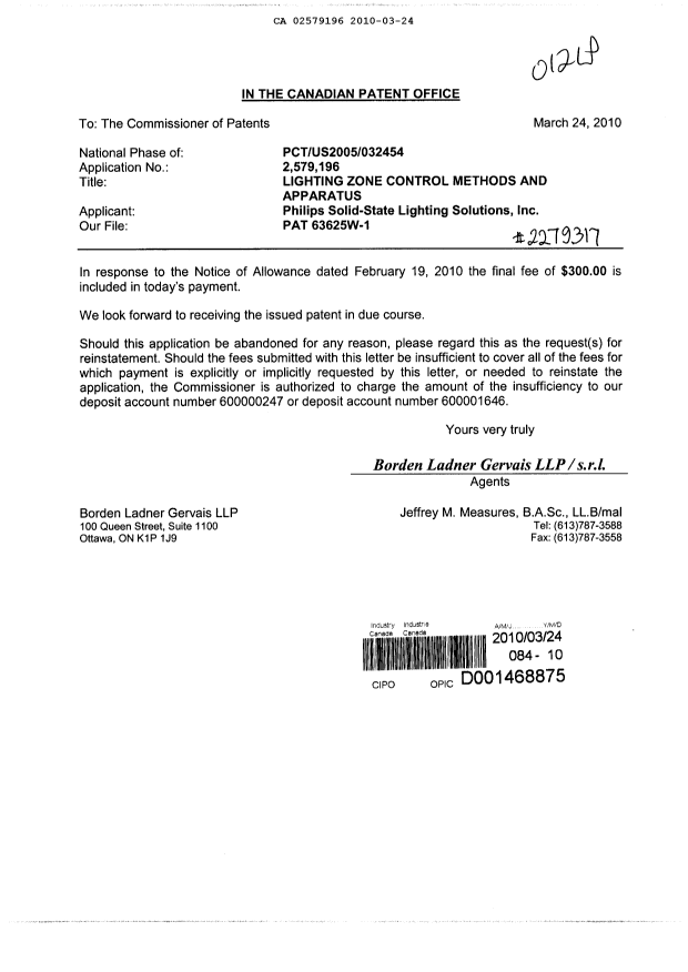 Document de brevet canadien 2579196. Correspondance 20100324. Image 1 de 1
