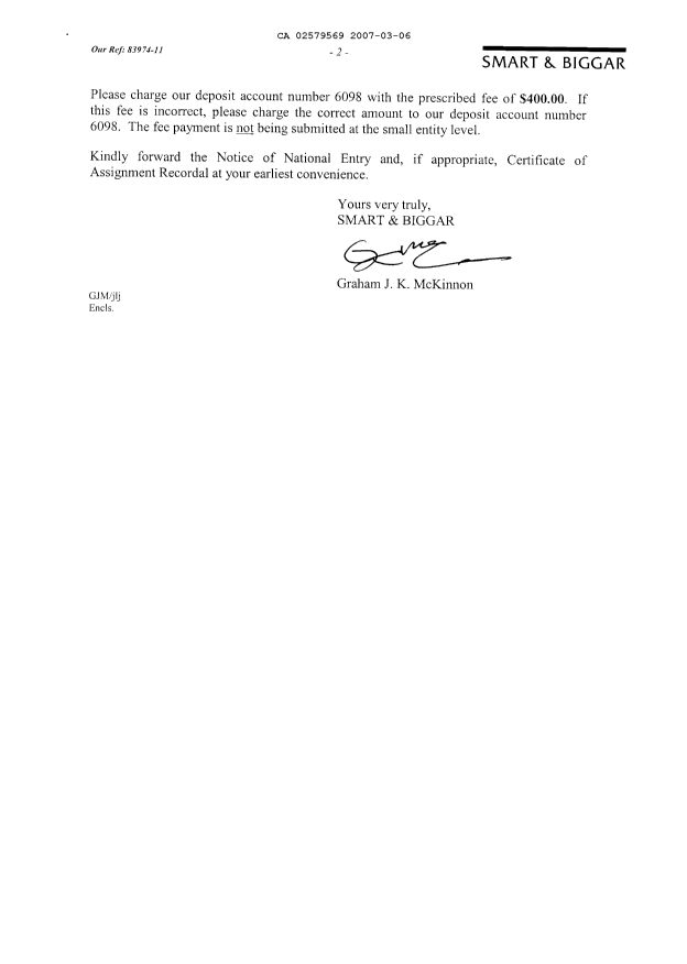 Document de brevet canadien 2579569. Cession 20070306. Image 2 de 4