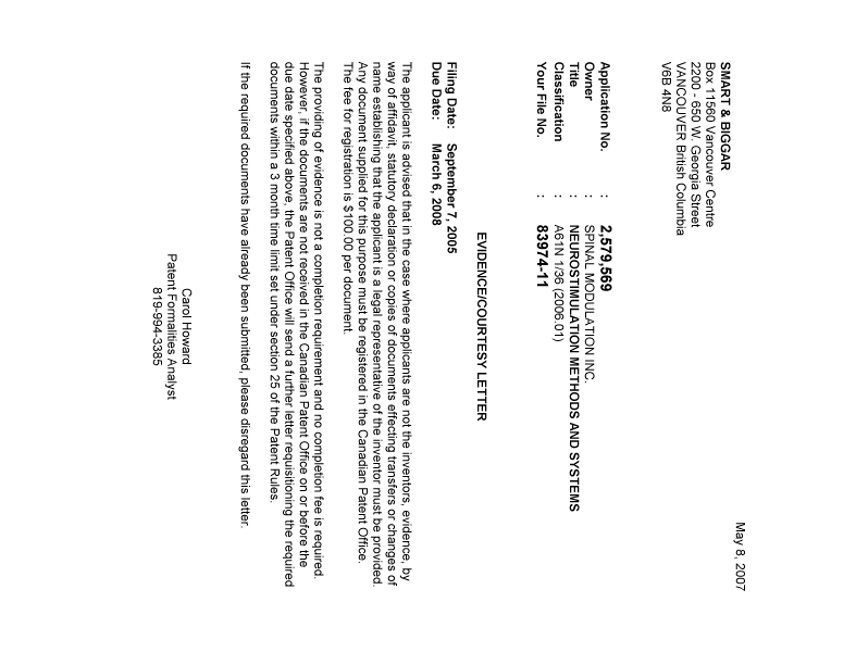 Document de brevet canadien 2579569. Correspondance 20070419. Image 1 de 1