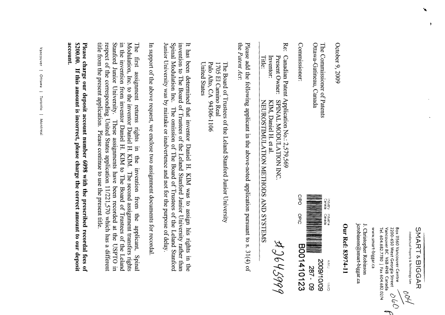 Document de brevet canadien 2579569. Cession 20091009. Image 1 de 12