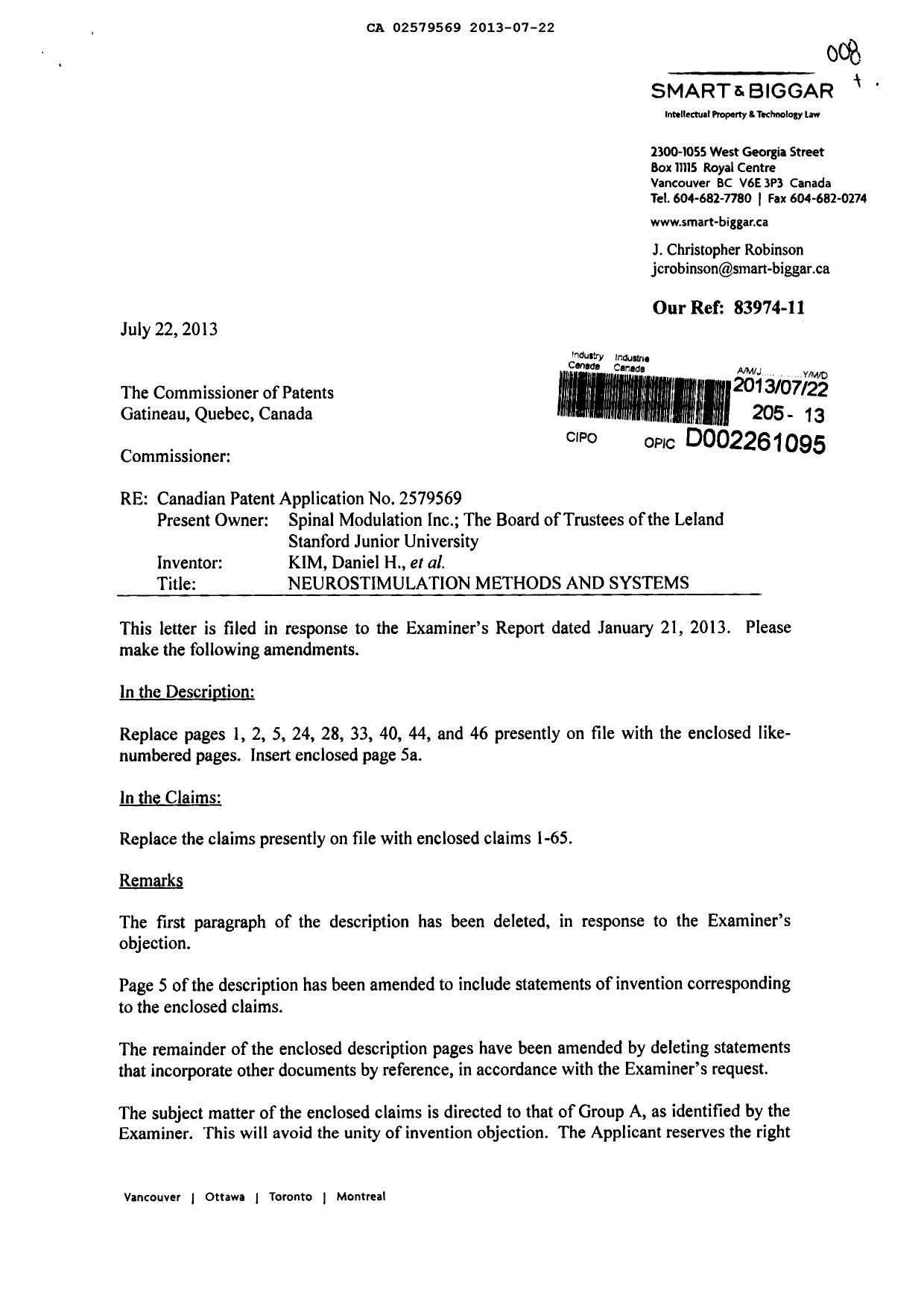 Document de brevet canadien 2579569. Poursuite-Amendment 20130722. Image 1 de 17