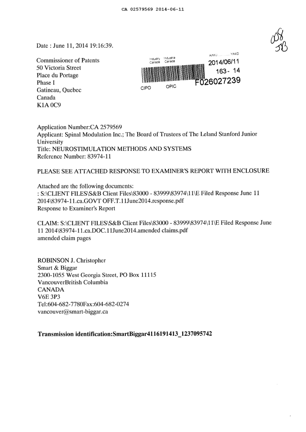 Canadian Patent Document 2579569. Prosecution-Amendment 20140611. Image 1 of 12