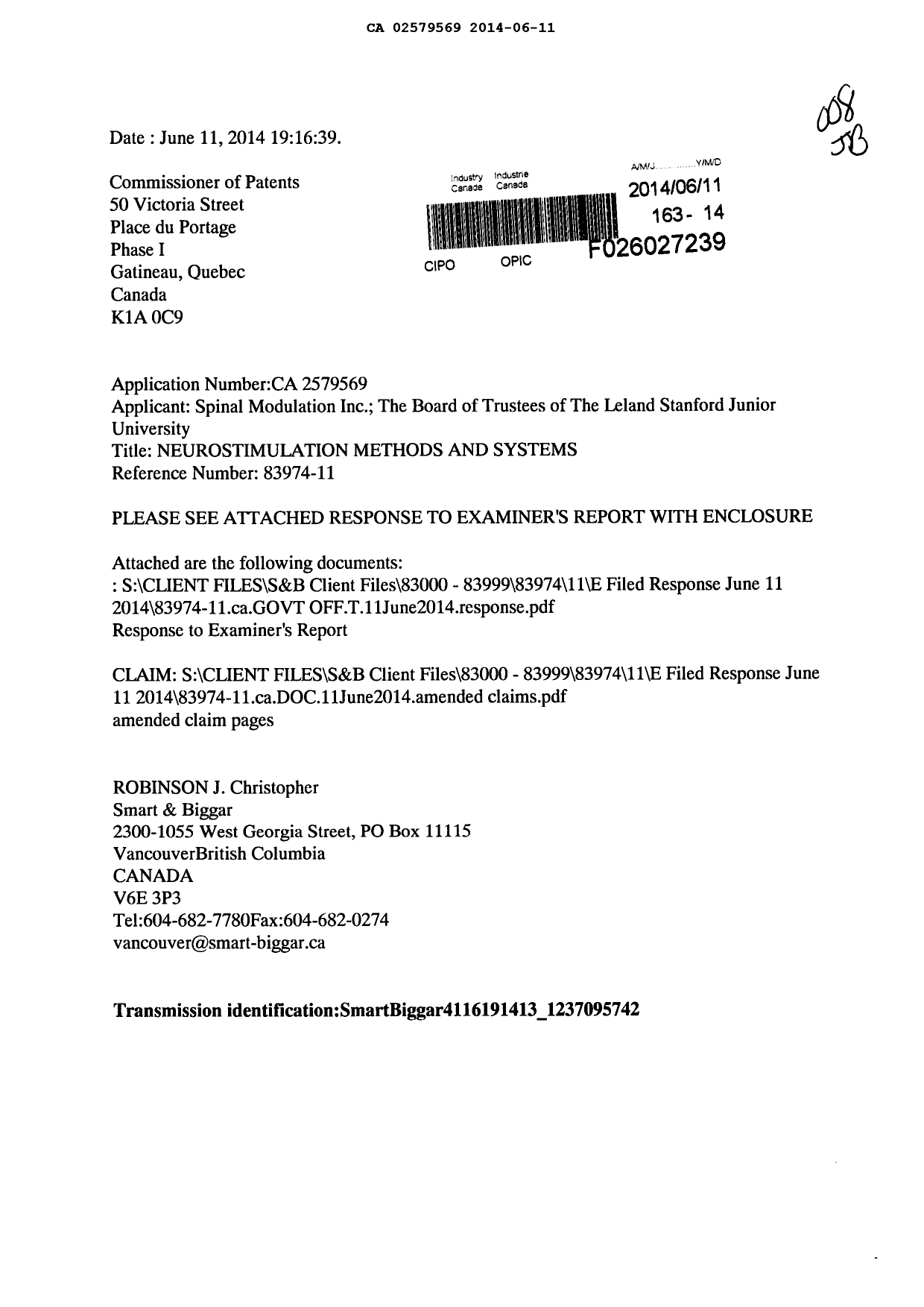 Document de brevet canadien 2579569. Poursuite-Amendment 20140611. Image 1 de 12