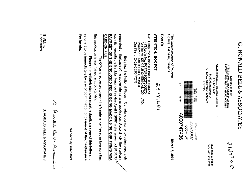 Document de brevet canadien 2579681. Taxes 20070307. Image 1 de 1