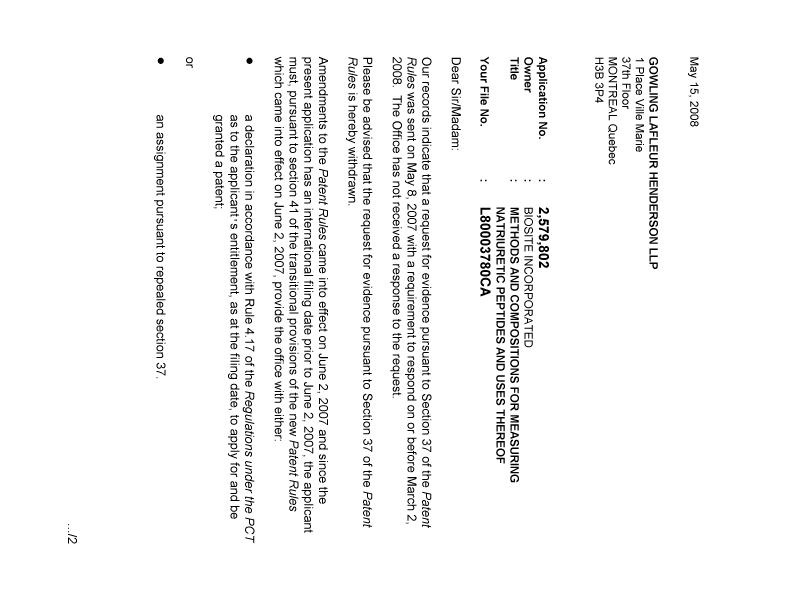 Document de brevet canadien 2579802. Correspondance 20080515. Image 1 de 2
