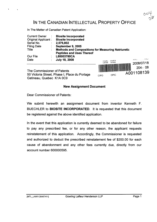 Document de brevet canadien 2579802. Cession 20080718. Image 1 de 3