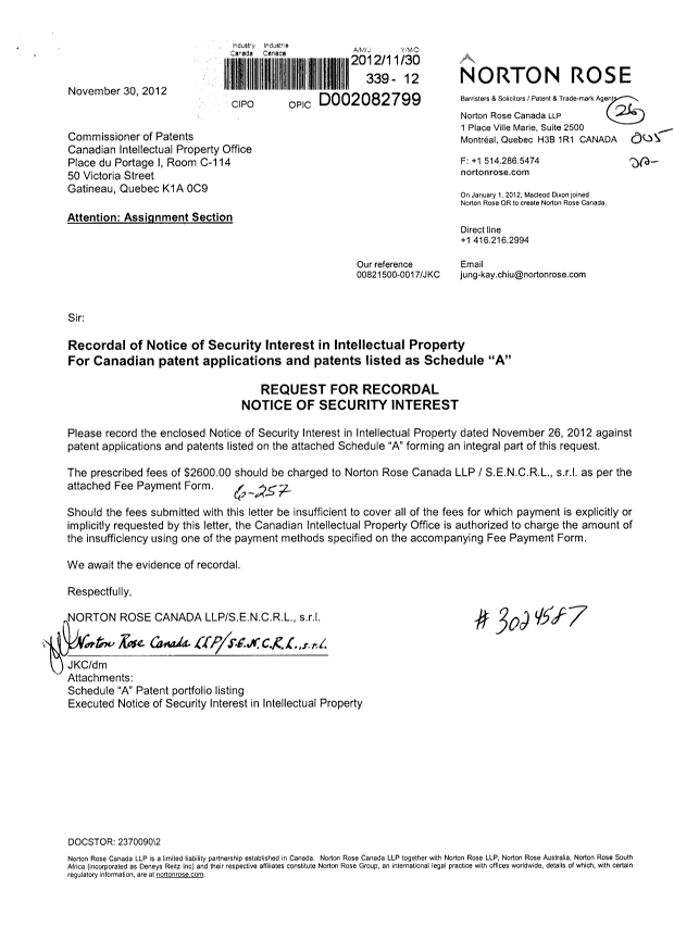 Document de brevet canadien 2579802. Cession 20121130. Image 1 de 8