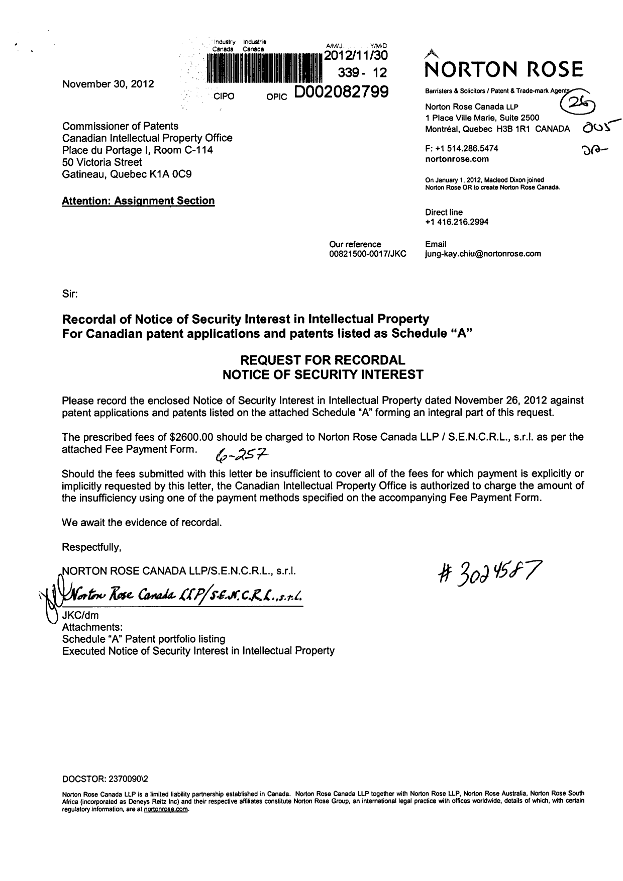 Document de brevet canadien 2579802. Cession 20121130. Image 1 de 8