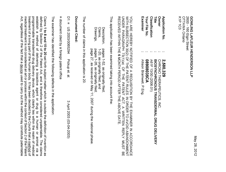 Document de brevet canadien 2580329. Poursuite-Amendment 20120528. Image 1 de 3