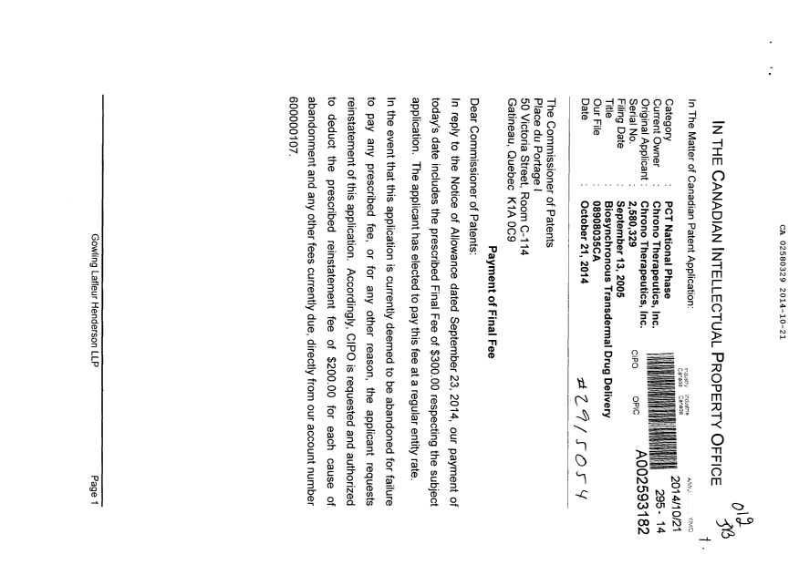 Document de brevet canadien 2580329. Correspondance 20141021. Image 1 de 2