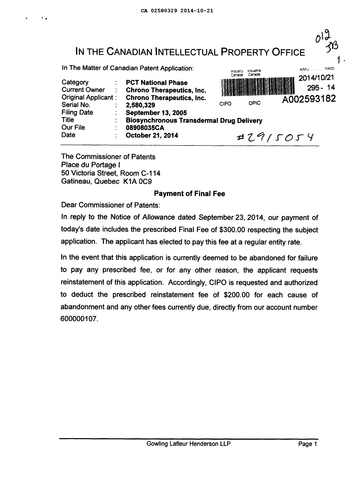 Document de brevet canadien 2580329. Correspondance 20141021. Image 1 de 2