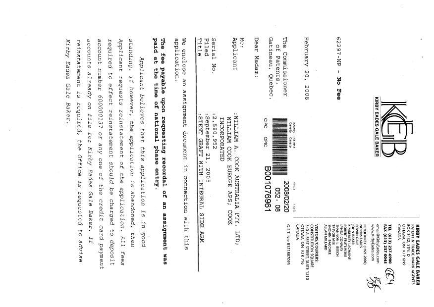 Canadian Patent Document 2580952. Assignment 20080220. Image 1 of 9