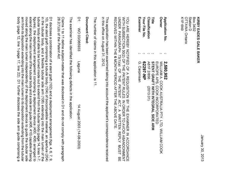 Document de brevet canadien 2580952. Poursuite-Amendment 20130130. Image 1 de 2