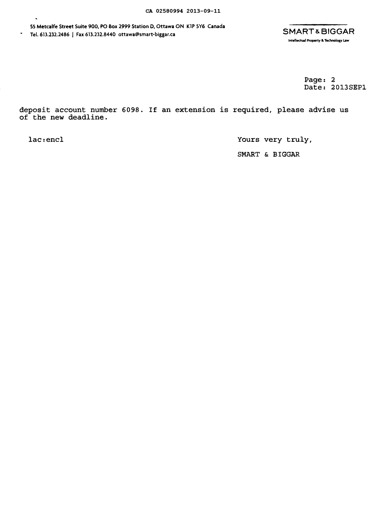 Document de brevet canadien 2580994. Taxes 20130911. Image 2 de 2