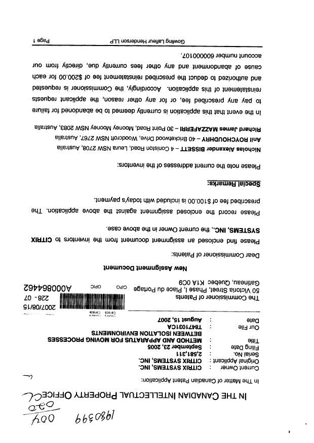 Document de brevet canadien 2581311. Correspondance 20061215. Image 1 de 2