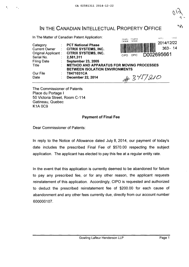 Document de brevet canadien 2581311. Correspondance 20131222. Image 1 de 2