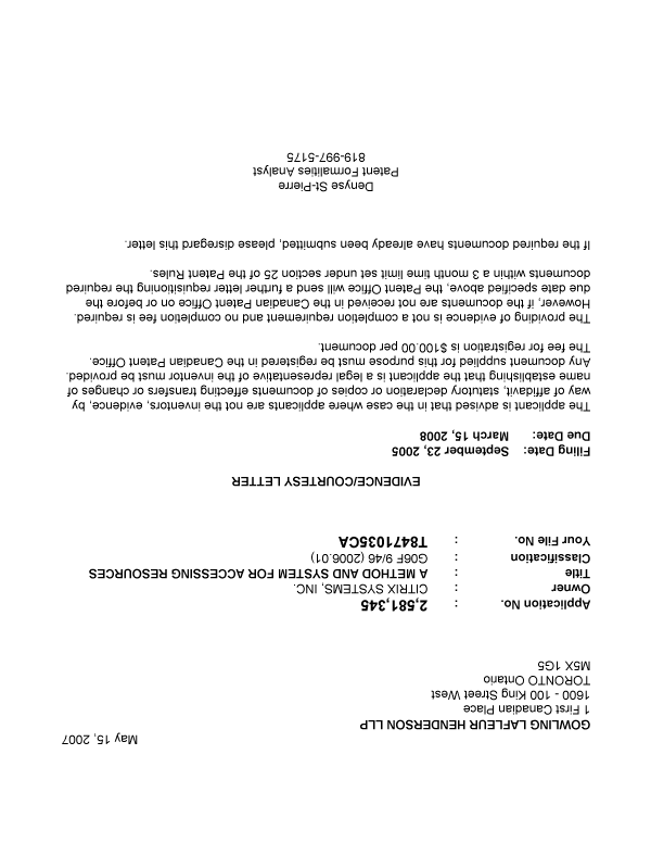 Canadian Patent Document 2581345. Correspondence 20070514. Image 1 of 1