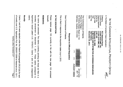 Canadian Patent Document 2581345. Prosecution-Amendment 20131220. Image 1 of 7