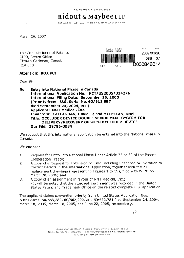 Document de brevet canadien 2581677. Cession 20070326. Image 1 de 10