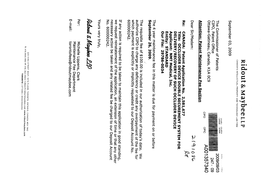 Document de brevet canadien 2581677. Taxes 20090903. Image 1 de 1
