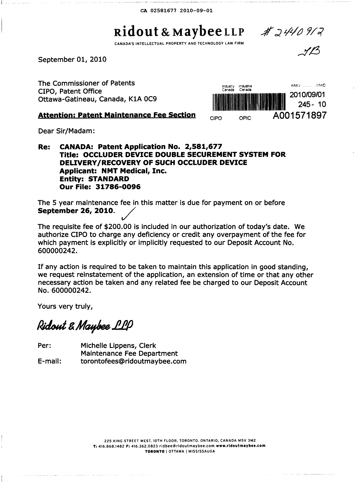 Document de brevet canadien 2581677. Taxes 20100901. Image 1 de 1