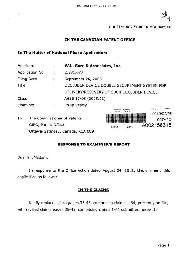 Canadian Patent Document 2581677. Prosecution-Amendment 20130225. Image 1 of 24