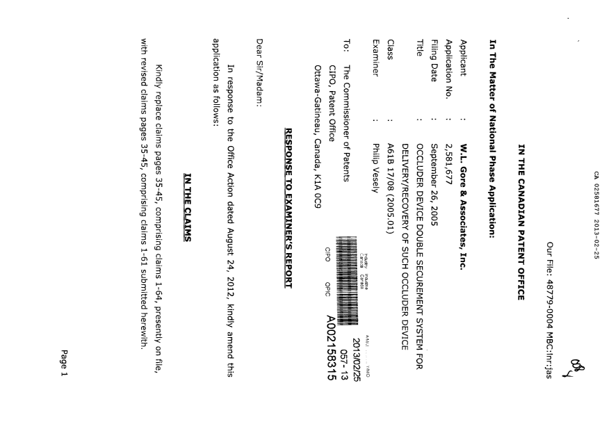 Document de brevet canadien 2581677. Poursuite-Amendment 20130225. Image 1 de 24