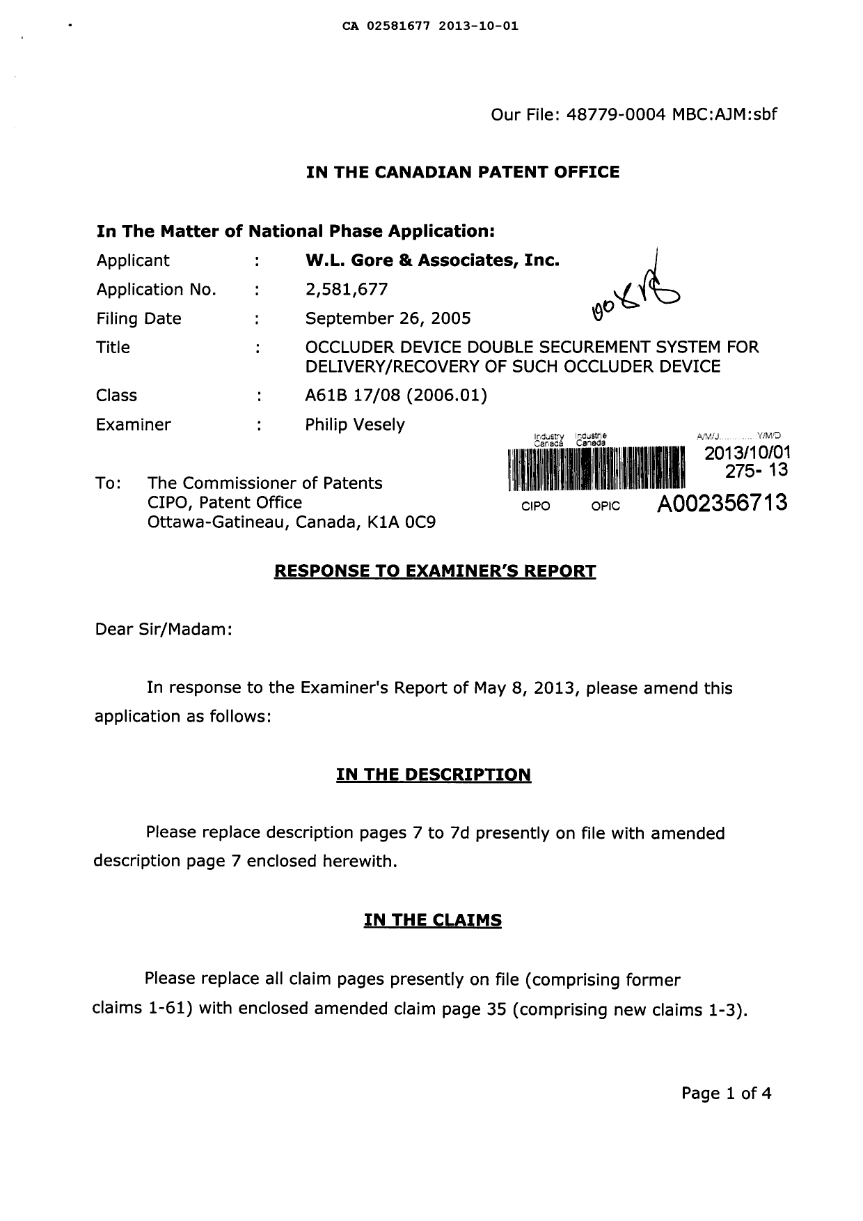 Document de brevet canadien 2581677. Poursuite-Amendment 20131001. Image 1 de 6