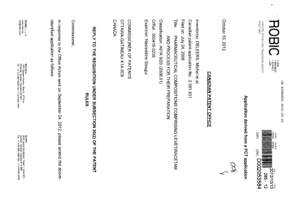 Canadian Patent Document 2581831. Prosecution-Amendment 20121010. Image 1 of 13