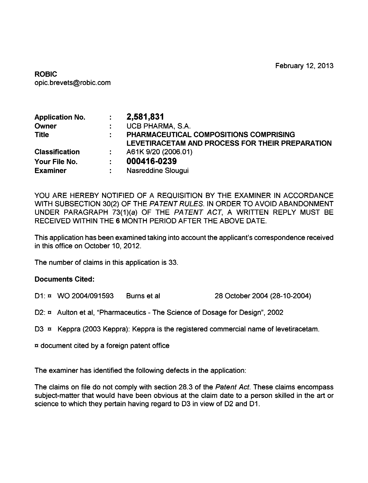 Document de brevet canadien 2581831. Poursuite-Amendment 20130212. Image 1 de 3