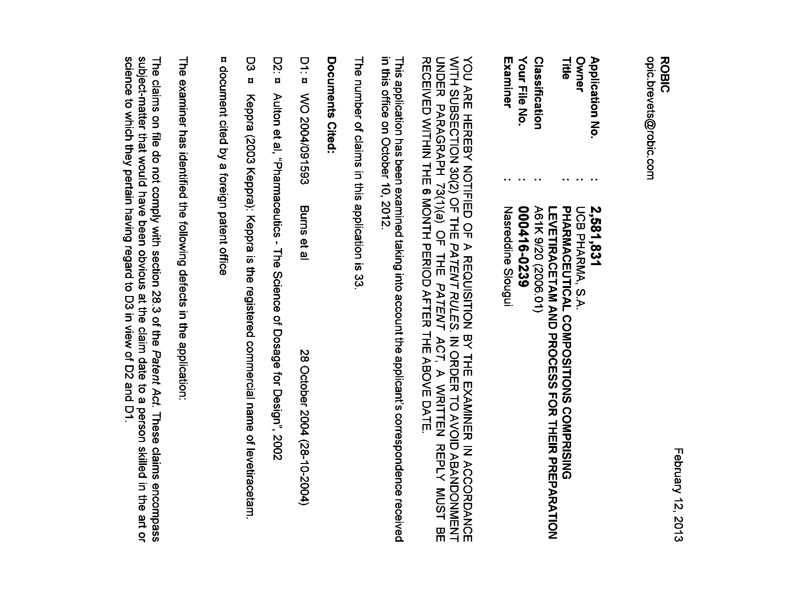 Canadian Patent Document 2581831. Prosecution-Amendment 20130212. Image 1 of 3