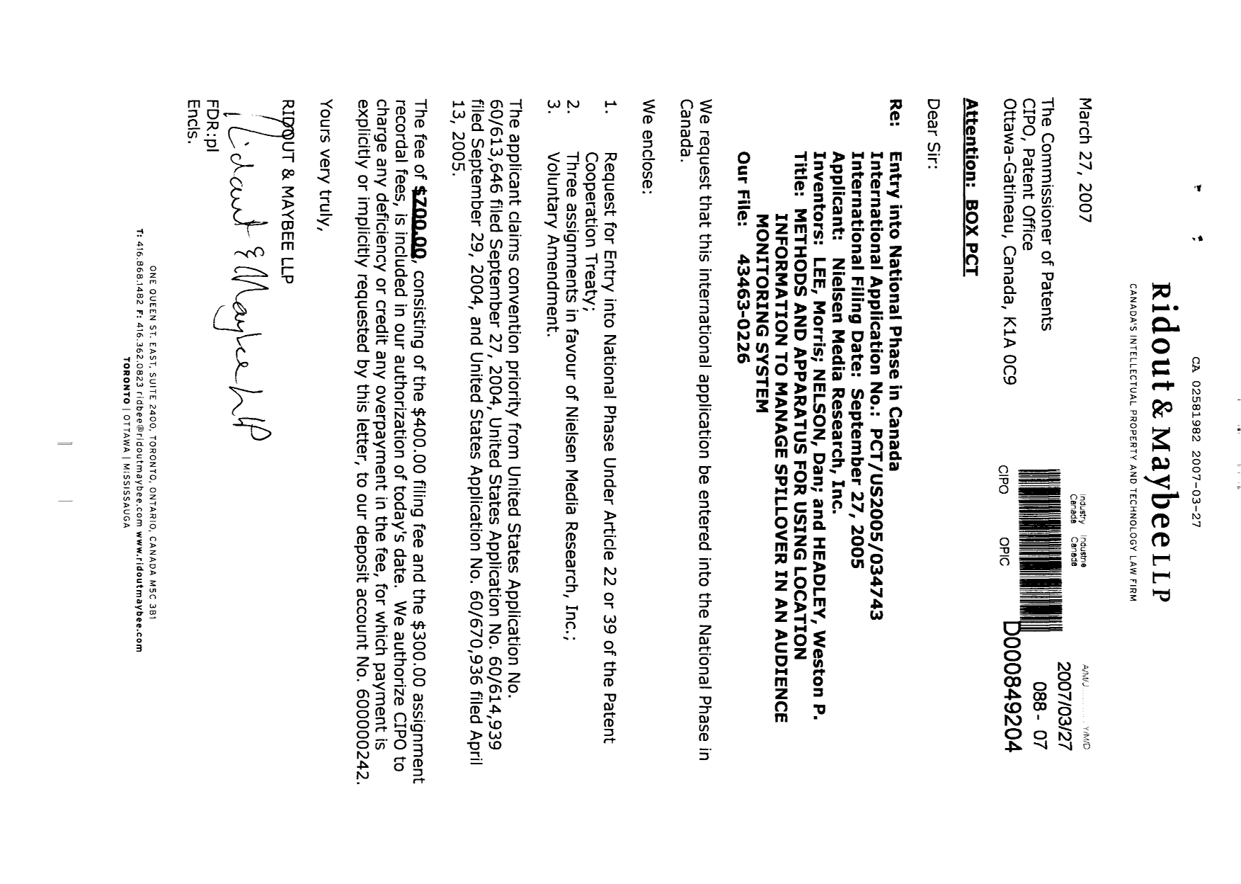 Document de brevet canadien 2581982. Cession 20070327. Image 1 de 12