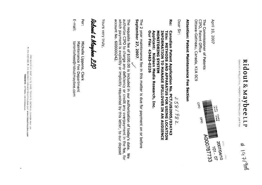 Document de brevet canadien 2581982. Taxes 20070410. Image 1 de 1